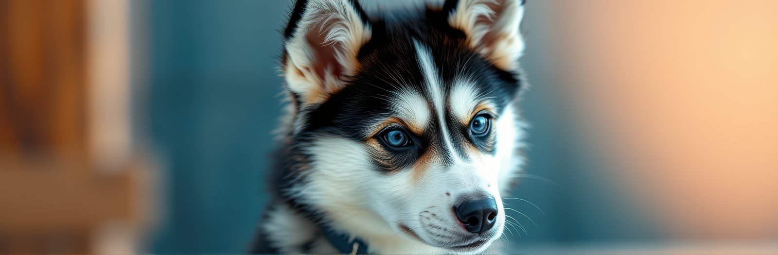 Cute husky puppy with striking blue eyes looking curiously, captured in a cozy indoor setting on a sunny day